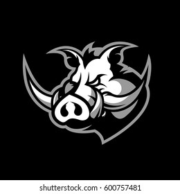 Furious boar head sport club vector logo concept isolated on dark background. Modern professional team badge design. Premium quality wild animal t-shirt tee print illustration.