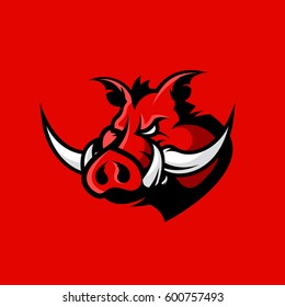 Furious boar head sport club vector logo concept isolated on red background. Modern professional team badge design. Premium quality wild animal t-shirt tee print illustration.