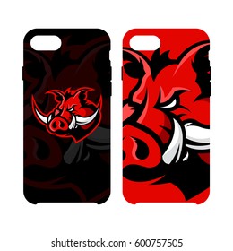 Furious boar head sport club vector logo concept smart phone case. Modern professional team badge design. Premium quality wild animal artwork cell phone cover illustration.