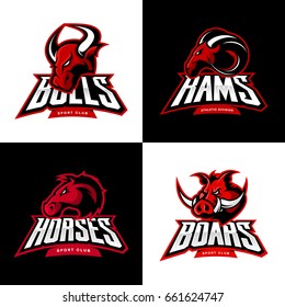 Furious boar, horse, ram, bull head isolated vector sport logo concept set. Modern badge mascot design. Premium quality wild animal t-shirt tee print character illustration. Street racing team emblem.