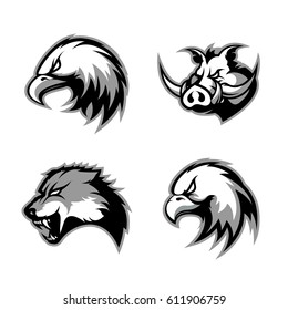 Furious boar, wolf, panther and eagle head sport vector logo concept set isolated on white background. Modern team badge design. Premium quality wild animal t-shirt tee print illustration.