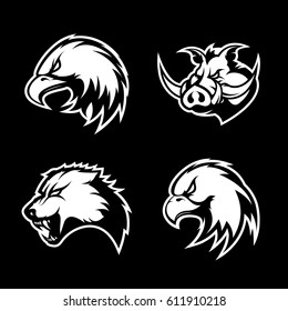 Furious boar, wolf, panther and eagle head sport vector logo concept set isolated on black background. Modern team badge design. Premium quality wild animal t-shirt tee print illustration.
