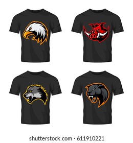 Furious boar, wolf, panther and eagle head sport vector logo concept set isolated on black t-shirt mockup. Modern team badge design. Premium quality wild animal t-shirt tee print illustration.