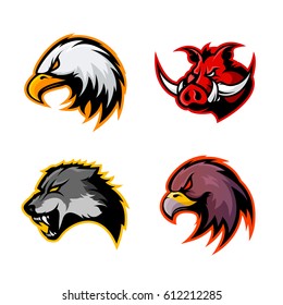 Furious boar, wolf, panther and eagle head sport vector logo concept set isolated on white background. Modern team badge design. Premium quality wild animal t-shirt tee print illustration.
