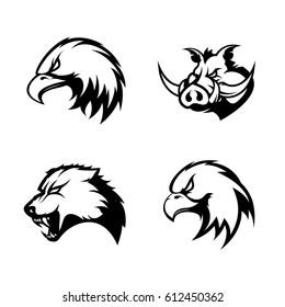 Furious boar, wolf, panther and eagle head sport vector logo concept set isolated on white background. Modern team badge design. Premium quality wild animal t-shirt tee print illustration.