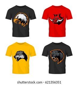 Furious boar, wolf, panther and eagle head sport vector logo concept set isolated on t-shirt mockup. Modern team badge design. Premium quality wild animal t-shirt tee print illustration.
