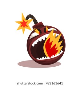 Furious bomb with burning wick. Funny emoticon in flat style. Vector design element for mobile app, social network sticker or print