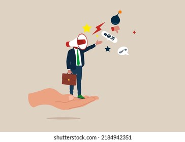 Furious Boss Megaphone Head Shouting Complaint On Everything. Complain On Everything, Blame Other People, Furious Anger Businessman Complainer Or Displeased Manager.