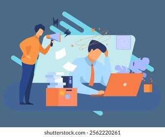 Furious boss with megaphone shouting at frustrated employee. Exhausted office worker feeling headache, anxiety and burnout. Vector illustration for stress or conflict at work, stressful job concept