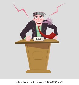 Furious boss screaming and yelling in anger standing behind rostrum. Vector character.