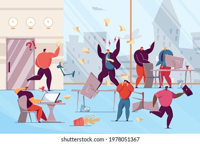 Furious boss swearing at office workers. Flat vector illustration. Office chaos, panic, shocked workers and nervous manager shouting. Business, conflict, management concept for banner design