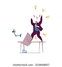 Furious boss swearing at office workers. Flat vector illustration. Office chaos, panic, shocked workers and nervous manager shouting. Business, conflict, management concept for banner design
