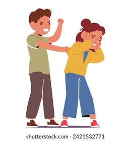 Furious Boy And Girl Clash In Heated Argument, Escalating To Physical Altercation. Tempers Flare As Harsh Words Turn Into Aggressive Actions, Sparking A Tumultuous Quarrel. Cartoon Vector Illustration