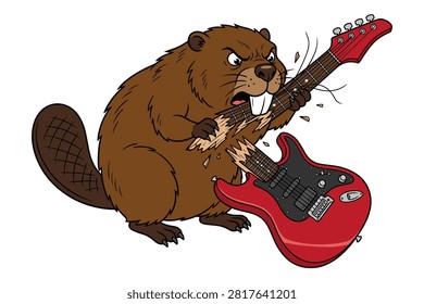 Furious brown beaver destroying musical instrument with its mouth funny animal character illustration on white.
