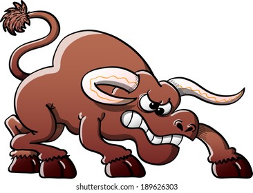 Furious brown bull with long horns and aggressive attitude while clenching its teeth, raising its tail, pawing the ground and being ready to charge
