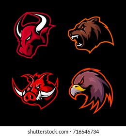 Furious bull, bear, boar, eagle vector logo concept set isolated on black background. Street wear mascot sport team badge design. Premium quality wild animal emblem t-shirt tee print illustration.