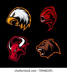 Furious bull, bear, eagle and piranha sport vector logo concept set isolated on black. Street wear mascot team badge design. Premium quality wild animal emblem t-shirt tee print illustration.