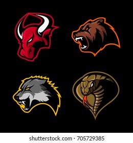 Furious bull, bear, wolf and cobra sport vector logo concept set isolated on black background. Street wear mascot team badge design. Premium quality wild animal emblem t-shirt tee print illustration.