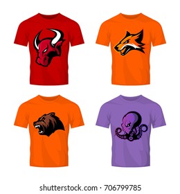 Furious bull, fox, bear and octopus sport vector logo concept set isolated on white. Street wear mascot team badge design. Premium quality wild animal emblem t-shirt tee print illustration.