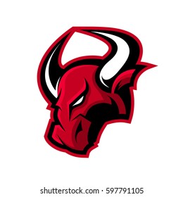 Furious bull head sport vector logo concept isolated on white background. Professional team badge design. Premium quality wild animal t-shirt tee print illustration.