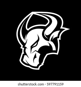 Furious bull head sport vector logo concept isolated on dark background. Professional team badge design. Premium quality wild animal t-shirt tee print illustration.