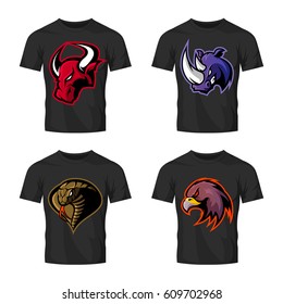 Furious bull, rhino, cobra and eagle head sport vector logo concept set isolated on black t-shirt mockup. Modern team badge design. Premium quality wild animal t-shirt tee print illustration.