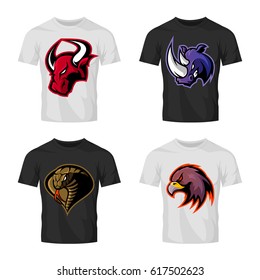 Furious bull, rhino, cobra and eagle head sport vector logo concept set isolated on t-shirt mockup. Modern team badge design. Premium quality wild animal t-shirt tee print illustration.