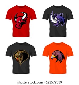 Furious bull, rhino, cobra and eagle head sport vector logo concept set isolated on t-shirt mockup. Modern team badge design. Premium quality wild animal t-shirt tee print illustration.