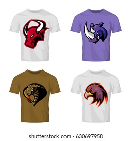 Furious bull, rhino, cobra and eagle head sport vector logo concept set isolated on t-shirt mockup. Modern team mascot badge design. Premium quality wild animal t-shirt tee print illustration.