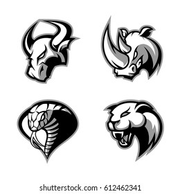 Furious bull, rhino, cobra, panther vector logo concept set isolated on white background. Street wear mascot sport team badge design. Premium quality wild animal emblem t-shirt tee print illustration.