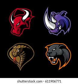 Furious bull, rhino, panther and cobra vector logo concept set. Premium quality wild animal and bird illustration.
