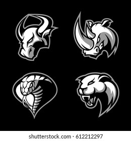 Furious bull, rhino, panther and cobra vector logo set. Modern professional badge design. Premium quality wild animal and snake head illustration.
