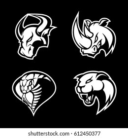 Furious bull, rhino, snake and panther vector logo set isolated on dark background. Premium quality wild animal illustration.