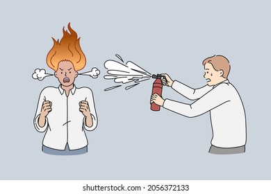 Furious Business Lady Burning And Shouting. Vector Concept Illustration Of Anger Lady With Fire On Head Sprayed By Man With Fire Extinguisher.