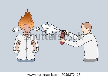 Furious business lady burning and shouting. Vector concept illustration of anger lady with fire on head sprayed by man with fire extinguisher.