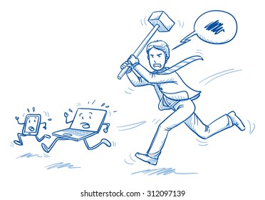 Furious business man chasing computer and smart phone with a hammer, concept of stress, burnout, headache, depression, hand drawn doodle vector illustration