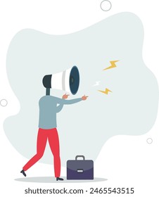 furious businessman boss megaphone head shouting complaint on everything.