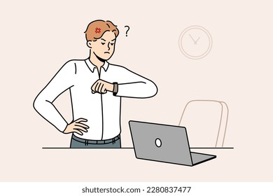 Furious businessman look at wristwatch unhappy with employee being late for work. Mad employee stand near empty desk frustrated with worker late in office. Vector illustration. 