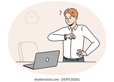 Furious businessman look at wristwatch unhappy with employee being late for work. Mad employee stand near empty desk frustrated with worker late in office. Vector illustration.