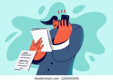 Furious businessman with paperwork scream talking on cellphone. Mad male employee shout speaking on mobile phone distressed with agreement numbers. Vector illustration. 