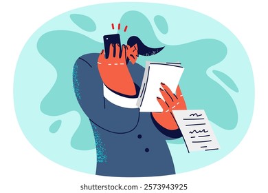 Furious businessman with paperwork scream talking on cellphone. Mad male employee shout speaking on mobile phone distressed with agreement numbers. Vector illustration.