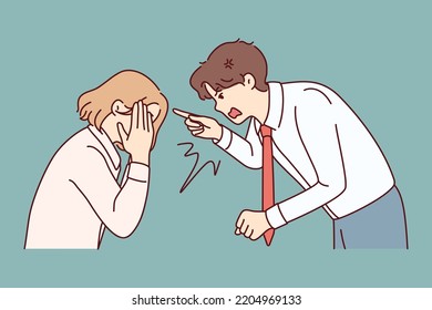 Furious businessman scolding stressed female employee at workplace. Angry male boss lecture scream at unhappy distressed woman worker. Vector illustration. 