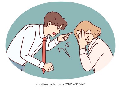 Furious businessman scolding stressed female employee at workplace. Angry male boss lecture scream at unhappy distressed woman worker. Vector illustration.