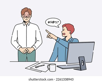 Furious businessman scream at stressed male employee in office. Mad boss or CEO yell scold unhappy distressed worker. Workplace subordination. Vector illustration. 