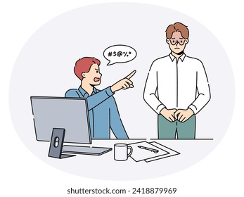 Furious businessman scream at stressed male employee in office. Mad boss or CEO yell scold unhappy distressed worker. Workplace subordination. Vector illustration.