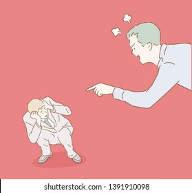 Furious businessman shout at employee, mad male boss scream at guilty intern, blaming for mistake, CEO accuse man worker in company failure or bad results. Hand drawn style vector design illustrations