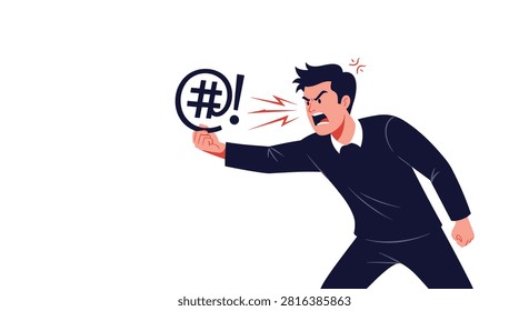 Furious businessman shouting and expressing anger with a symbol of bad language and swear words in front of him.