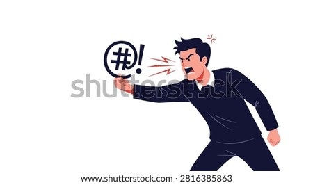 Furious businessman shouting and expressing anger with a symbol of bad language and swear words in front of him.