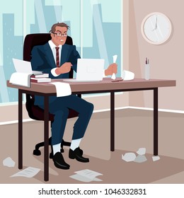 Furious businessman sitting in office. Around mess. Disgruntled man in business suit in workplace. Trouble or Problem concept. Simplistic realistic cartoon style. Vector illustration