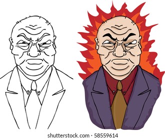 A furious businessman in suit and tie with a hellish halo. Includes black ink version.